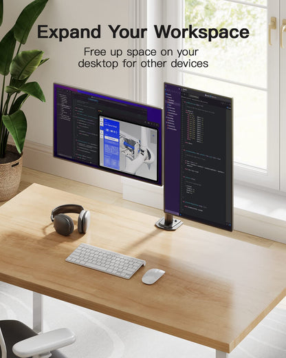 Dual monitor mount maximizing desk space with 30-inch screens, enhancing ergonomic setup.