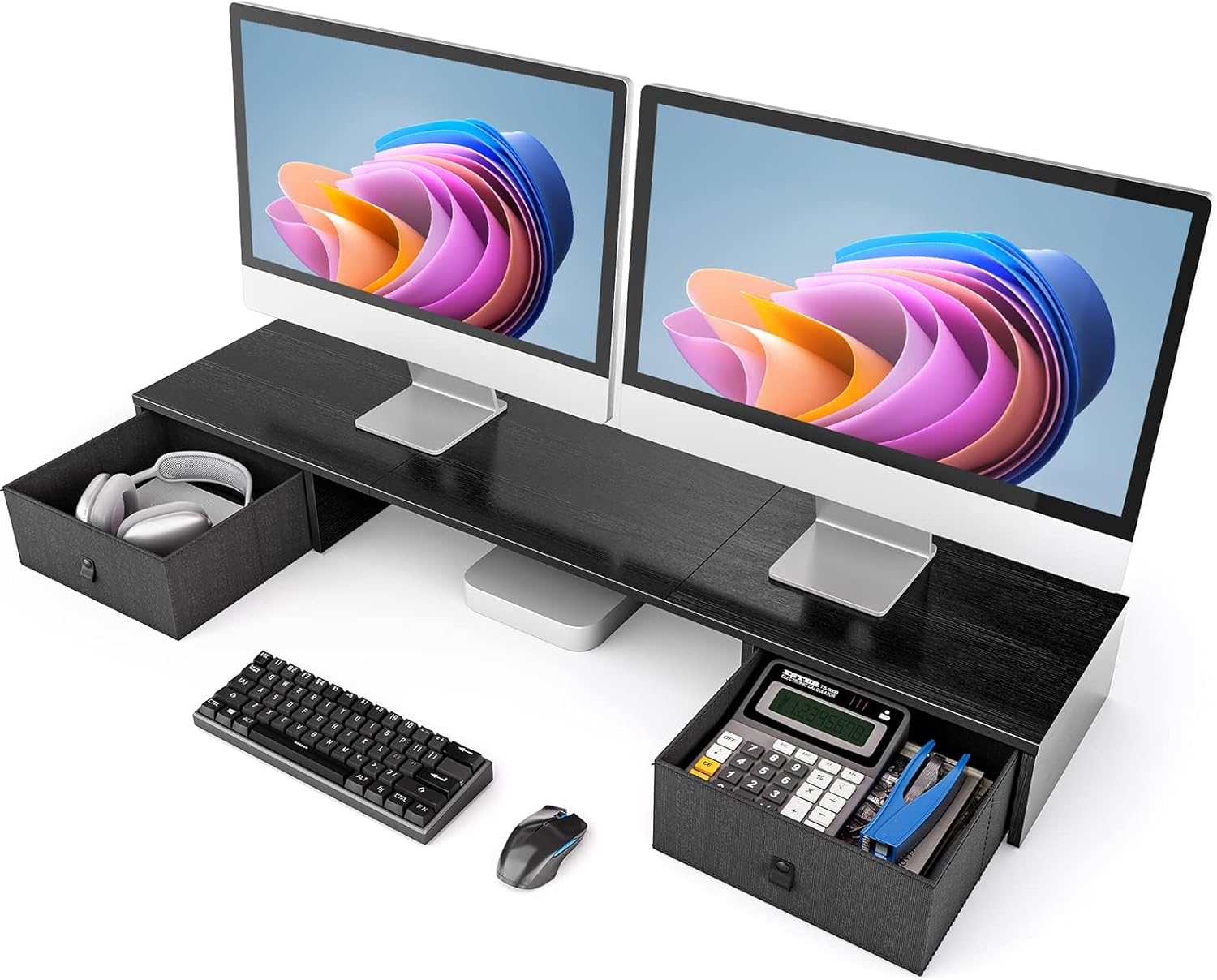 HUANUO Dual Monitor Stand with Drawers, Monitor Riser for 2 Monitors, 43.7 Inch Large, Holds up to 132lbs, Multifunctional Desktop Organizer for Computer, Laptop, PC, Printer