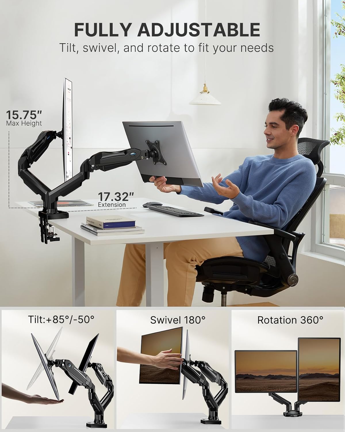 Dual monitor mount showcasing full adjustability and ergonomic design in workspace