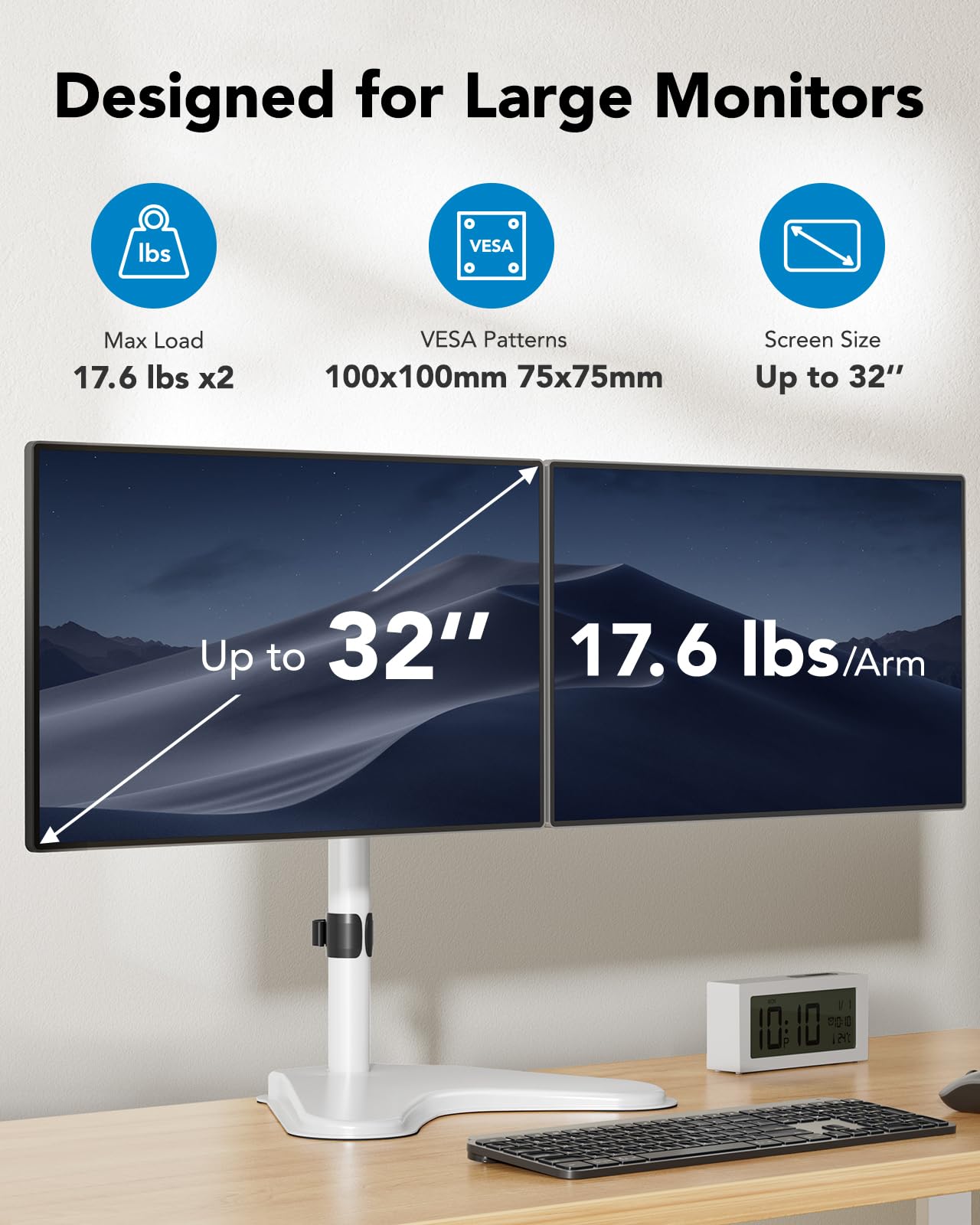HUANUO dual monitor mount specifications for large screens up to 32 inches.