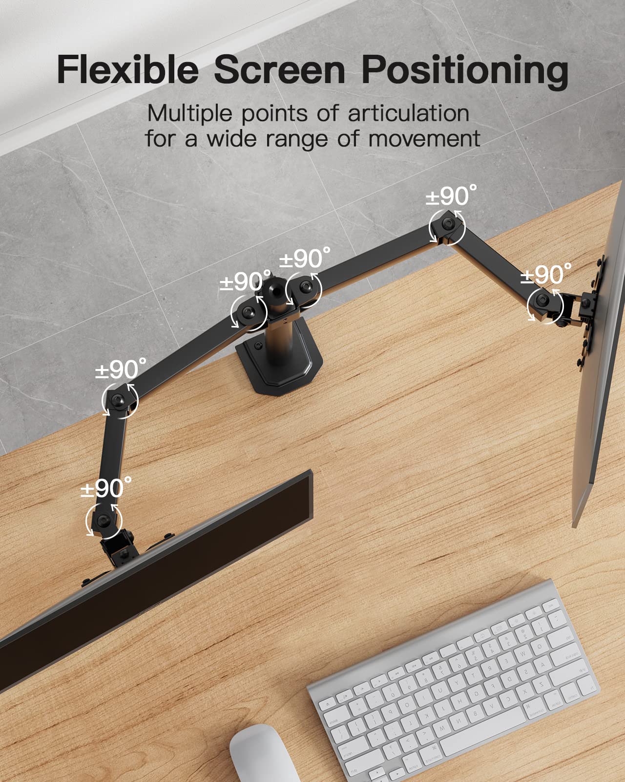 Flexible dual monitor mount showing multiple articulation points for optimal positioning.