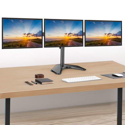 Ergonomic triple monitor stand for three 13" to 24" screens on a workspace
