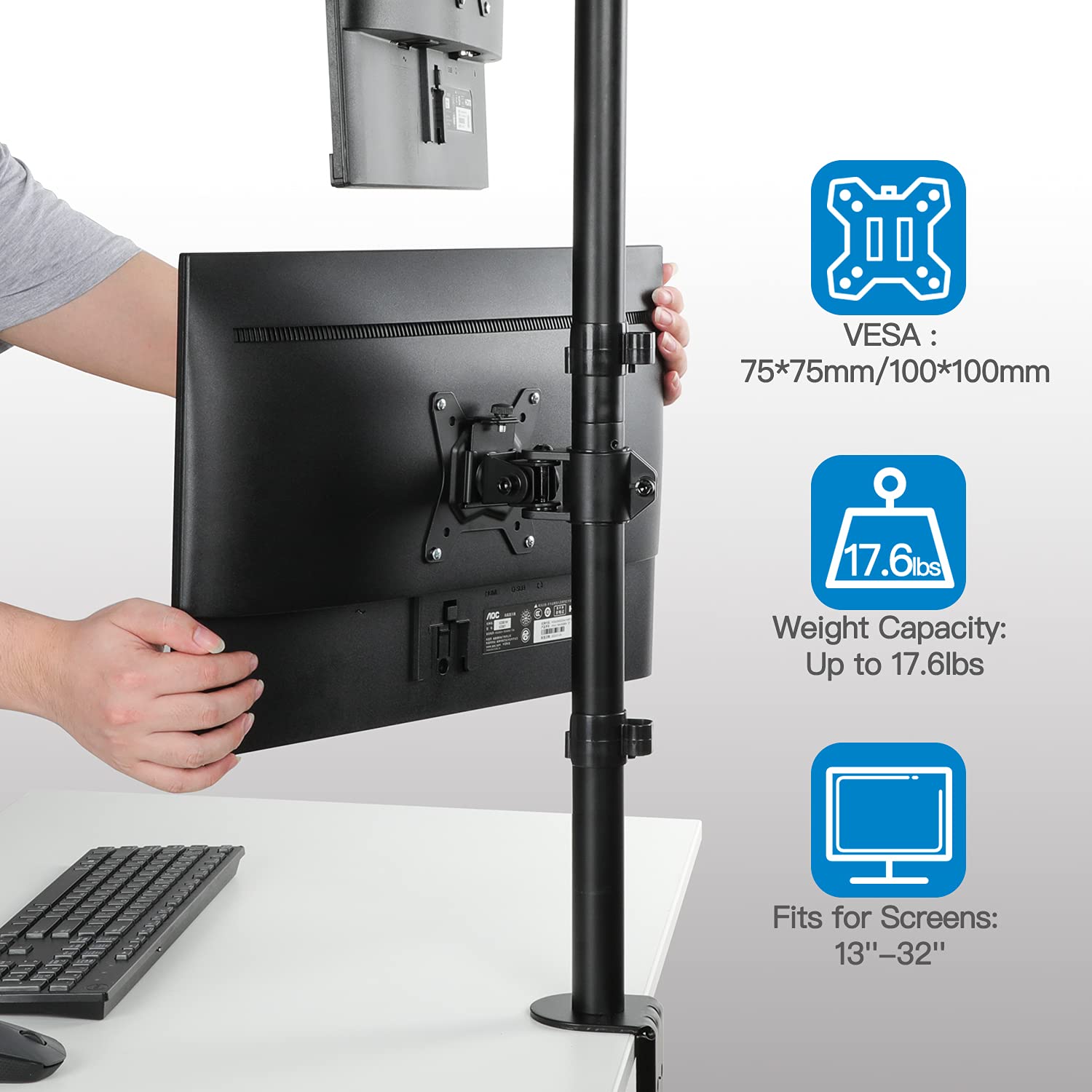 Hand adjusting HUANUO dual monitor mount with VESA compatibility and weight capacity.