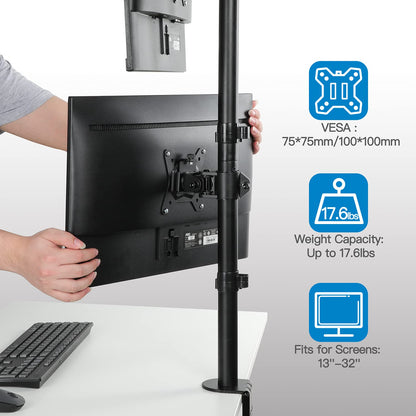 Hand adjusting HUANUO dual monitor mount with VESA compatibility and weight capacity.