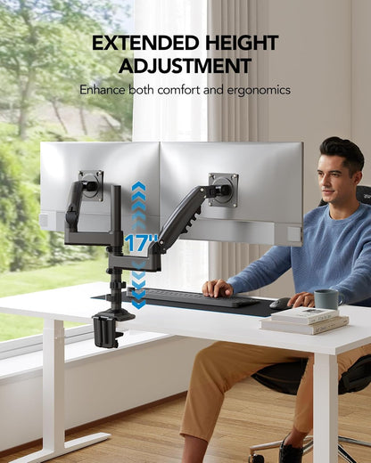 Dual monitor mount with 17-inch height adjustment for ergonomic viewing.