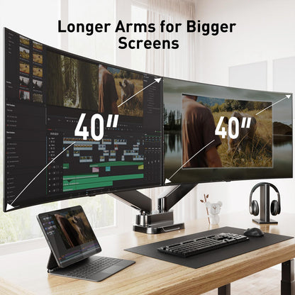 Dual monitor mount with two 40-inch screens for video editing showcasing ergonomic workspace.