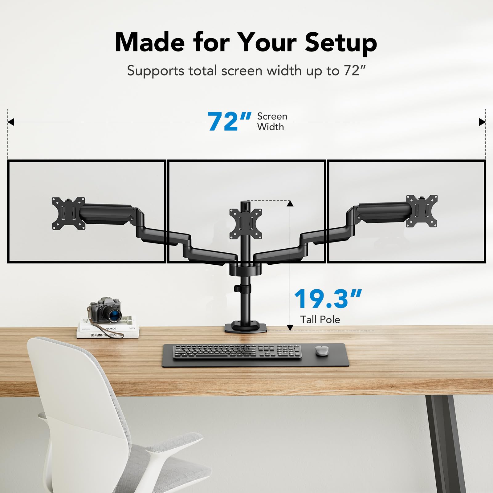Dimensions of HUANUO triple monitor mount for 72-inch width setup.