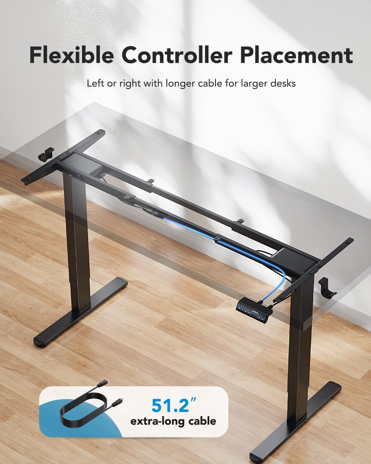 Dual motor desk frame with flexible controller placement and 51.2" cable.