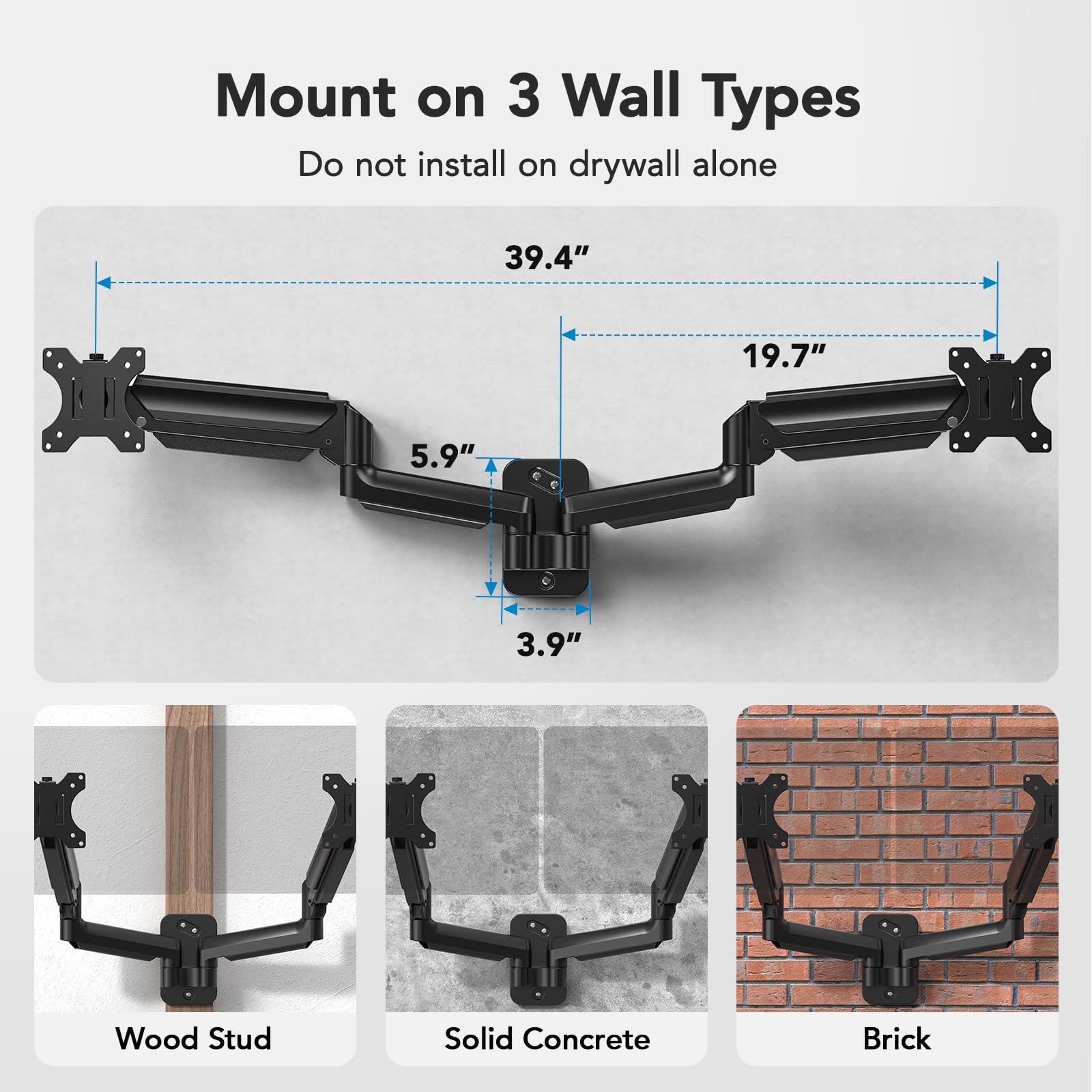 Dual monitor wall mount installation guide for wood, concrete, or brick surfaces.