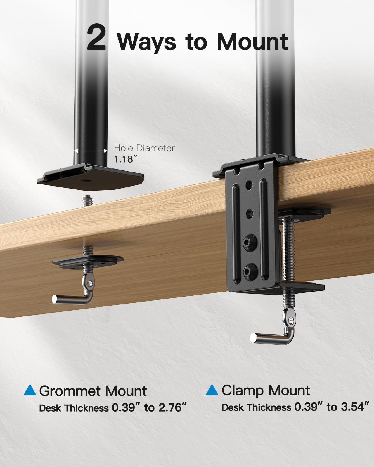 Grommet and Clamp mounting options for HUANUO dual monitor mount, desk thickness specifications.