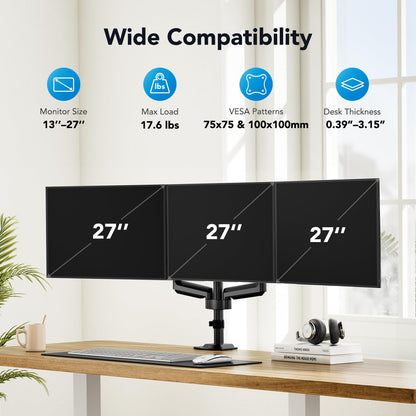 Huanuo triple monitor mount for 13-27 inch screens with VESA 75x75mm or 100x100mm.
