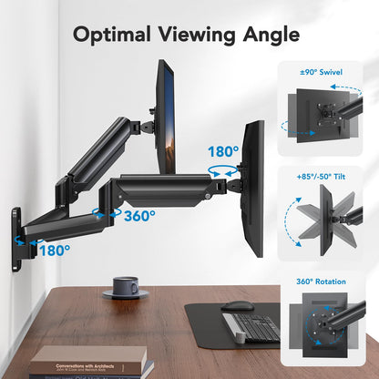Dual monitor mount showing optimal viewing angles with swivel, tilt, and rotation features.