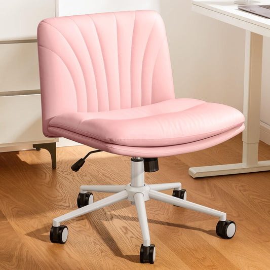 Marsail Armless-Office Desk Chair with Wheels: PU Leather Cross Legged Wide Chair,Comfortable Adjustable Swivel Computer Task Chairs for Home,Office,Make Up,Small Space,Bed Room, Grey