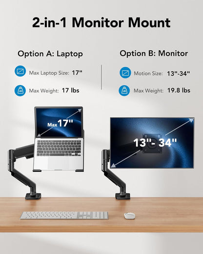 HUANUO 2 in 1 Function Laptop Mount with Tray, Fits 13-34″ Monitors & Up to 17″ Notebook, Ergonomic Laptop Arm with Full Motion Adjustment, Laptop Stand for Desk, VESA 75x75mm/100x100mm