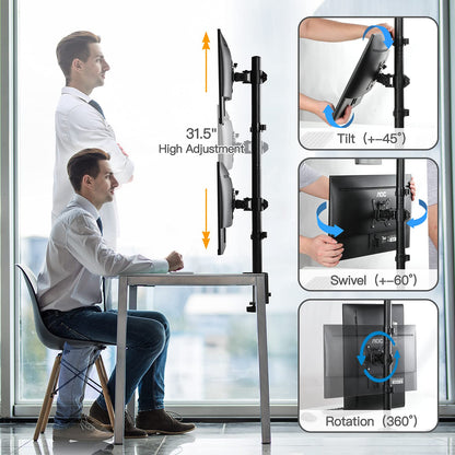 Dual monitor mount with tilt, swivel, and rotation features for ergonomic setup.