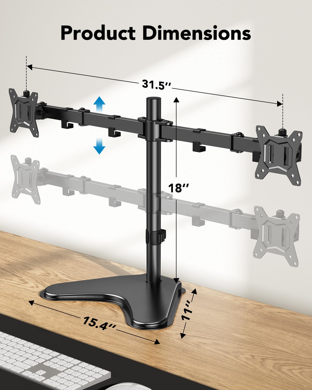 HUANUO dual monitor mount dimensions: 31.5" width, 18" height, and 15.4" base.