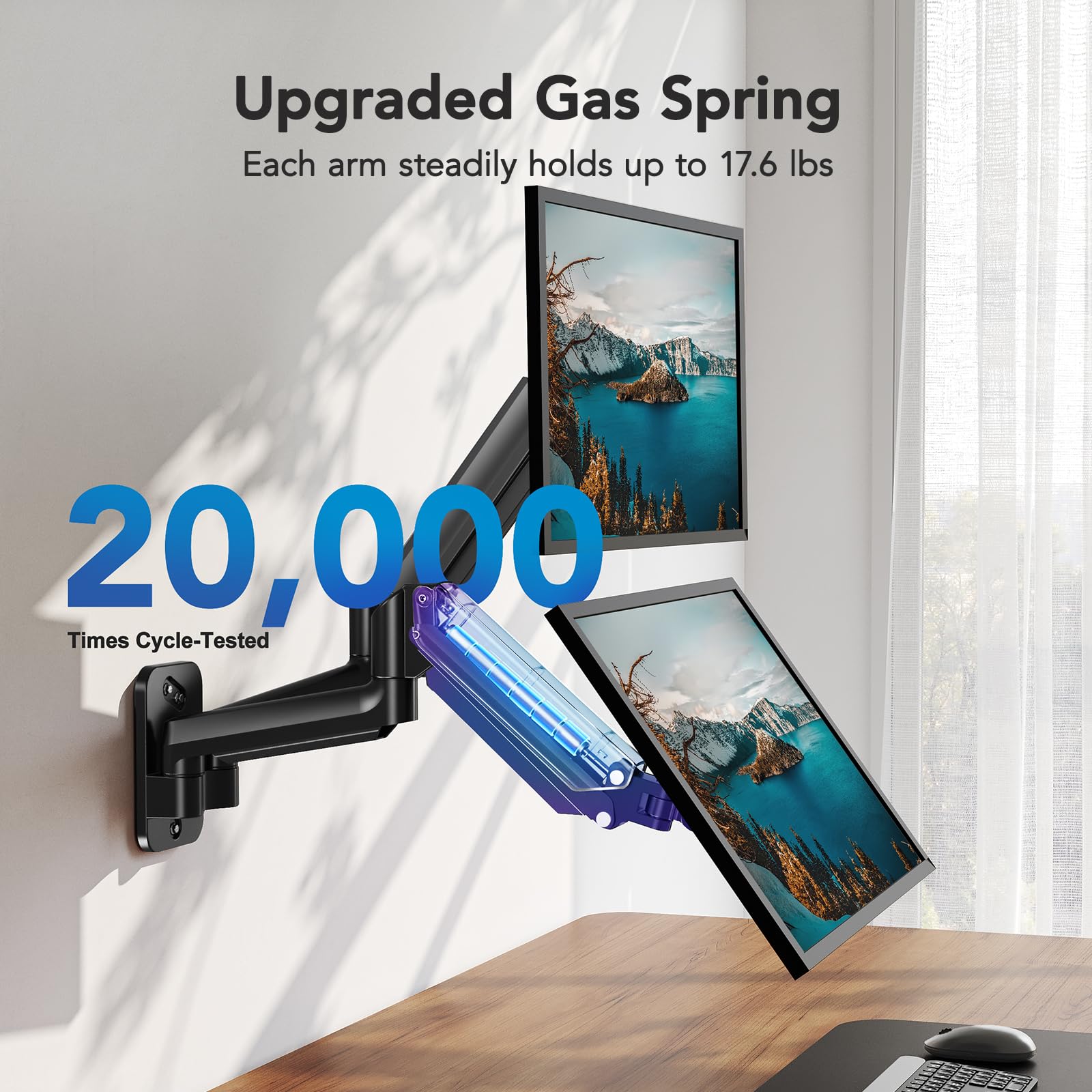 Dual monitor wall mount with upgraded gas spring holds 17.6 lbs, showcasing mountain view.
