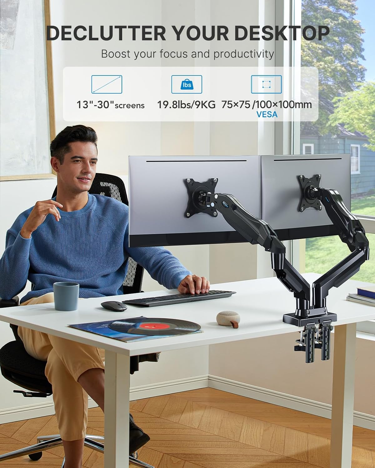 HUANUO dual monitor mount displayed in a modern workspace with adjustable arms.