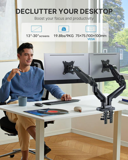 HUANUO dual monitor mount displayed in a modern workspace with adjustable arms.