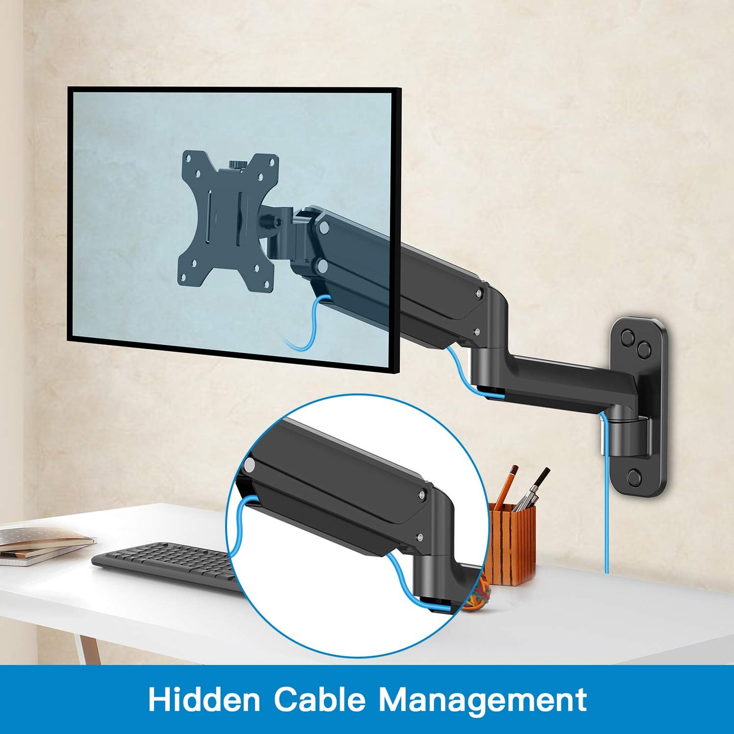 Single Monitor Wall Mount for 13 to 32 Inch Computer Screen, Monitor Wall Mount Arm Holds up to 17.6lbs, Height Adjustable Full Motion Gas Spring Wall Monitor Mount - VESA Mount 75x75,100x100