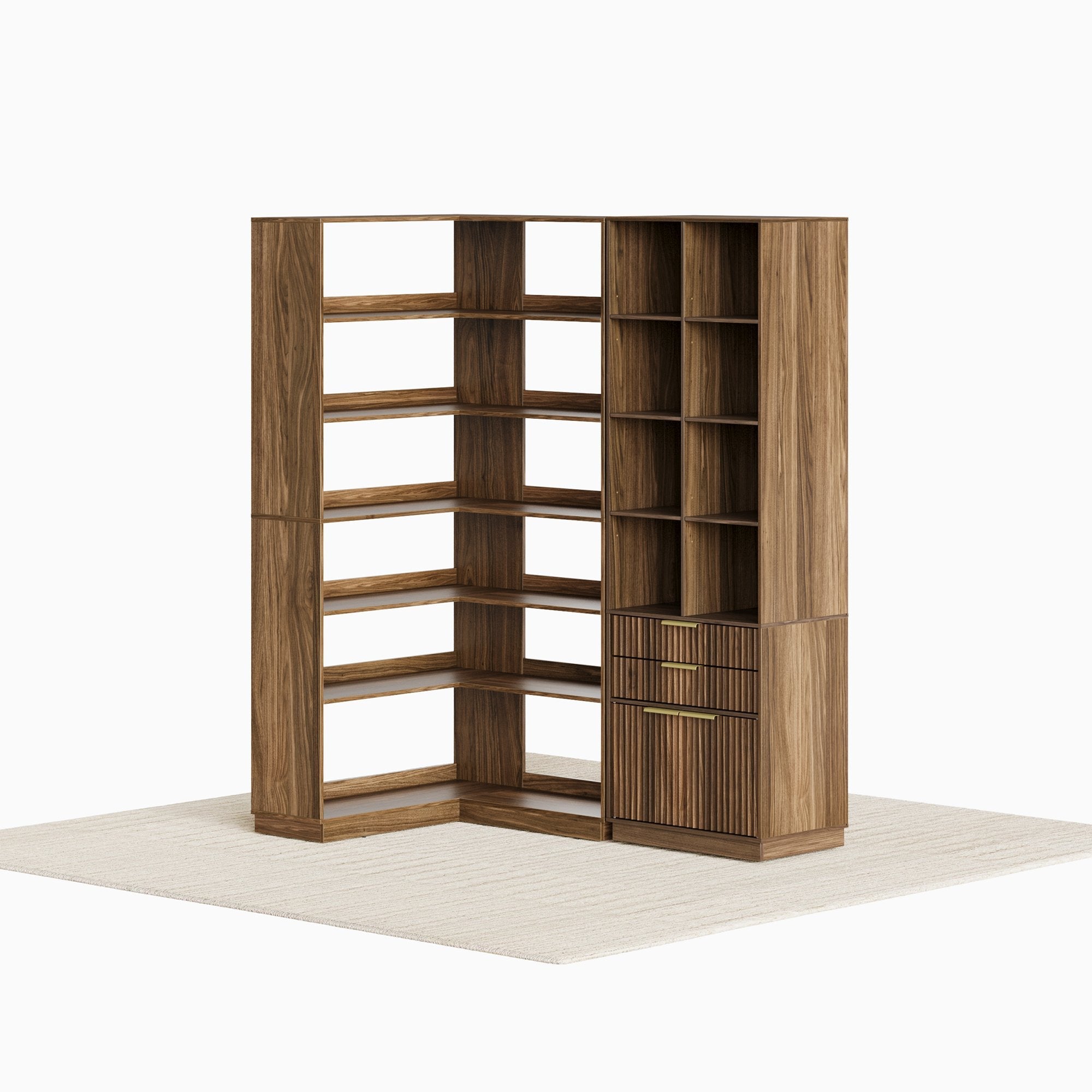 73" Corner Bookshelf + 73'' Fluted Bookshelf/ Fluted - Dark Walnut - 