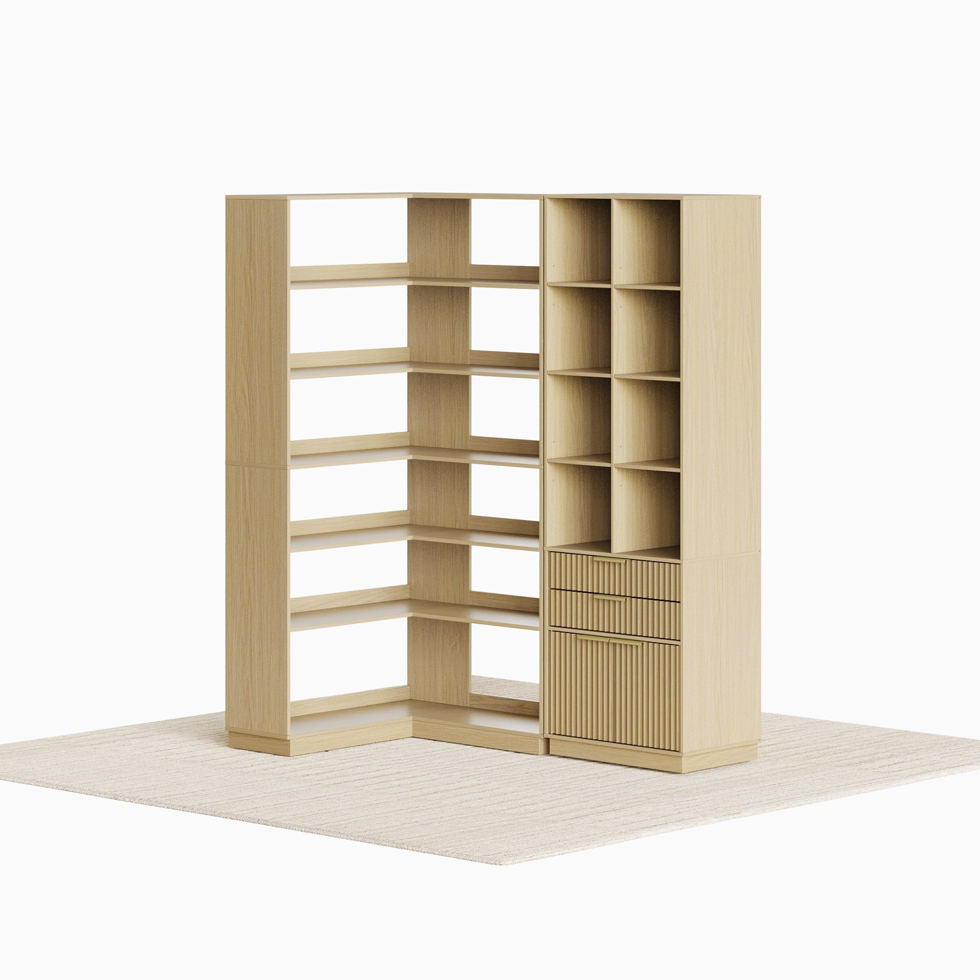 73'' Corner Bookshelf + 73'' Fluted Bookshelf/ Fluted - Natural Oak - 