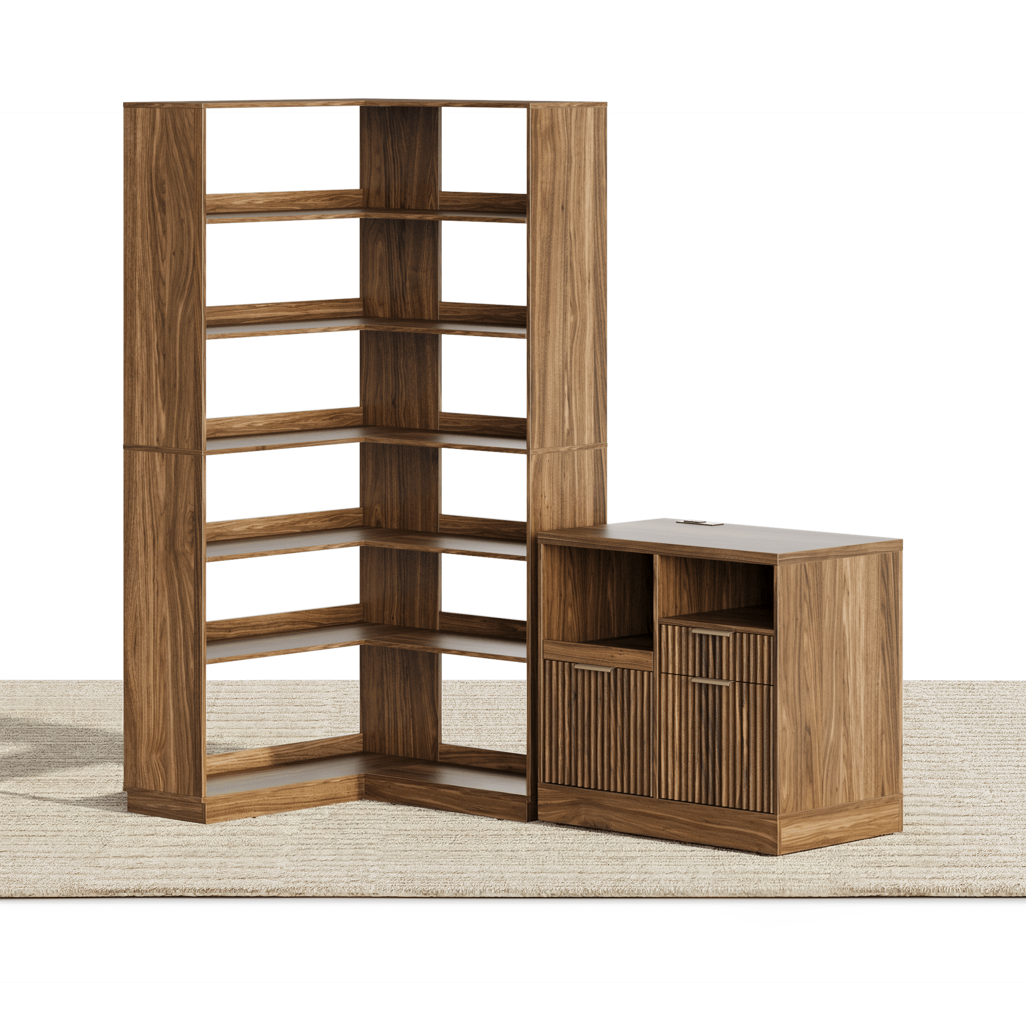 73'' Corner Bookshelf +Charging Storage Cabinet / Fluted - Dark Walnut - 