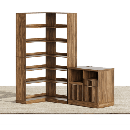 73'' Corner Bookshelf +Charging Storage Cabinet / Fluted - Dark Walnut - 