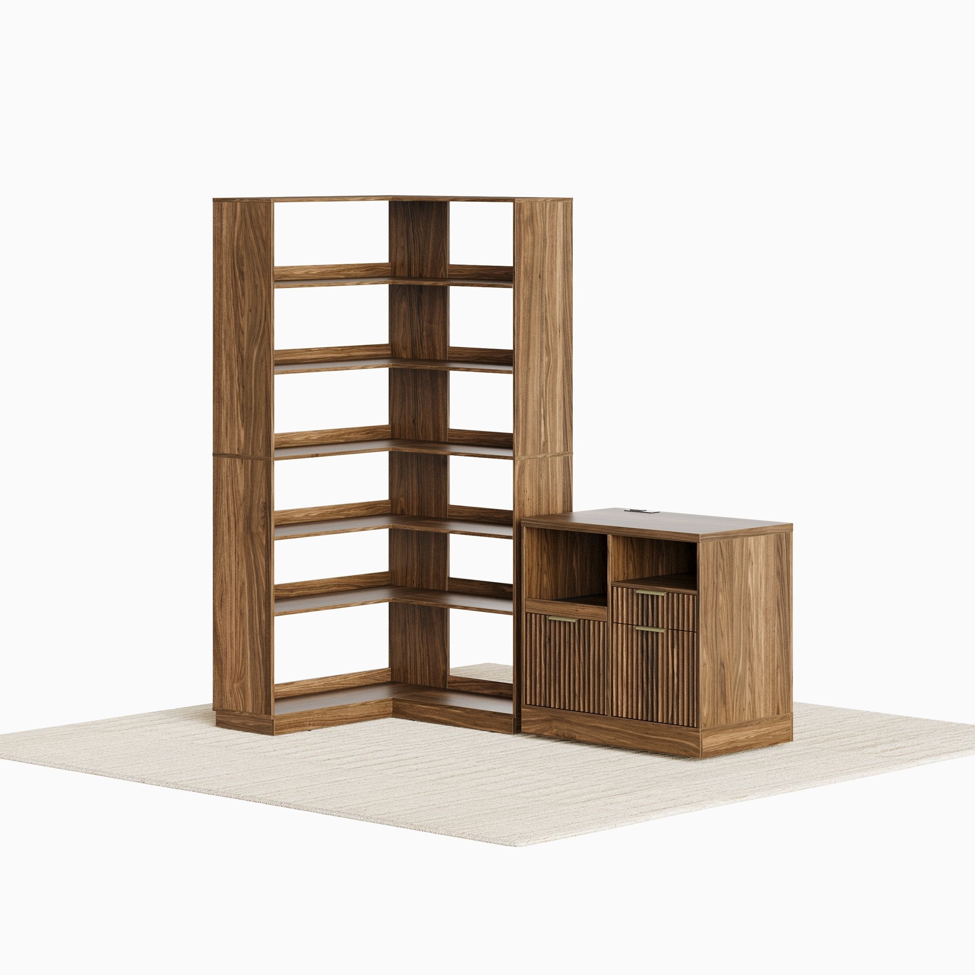 73'' Corner Bookshelf +Charging Storage Cabinet / Fluted - Dark Walnut - 