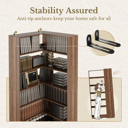 73'' Corner Bookshelf +Charging Storage Cabinet / Fluted - Dark Walnut - 