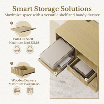 73'' Corner Bookshelt + Charging Cabinet/ Fluted - Natural Oak - 