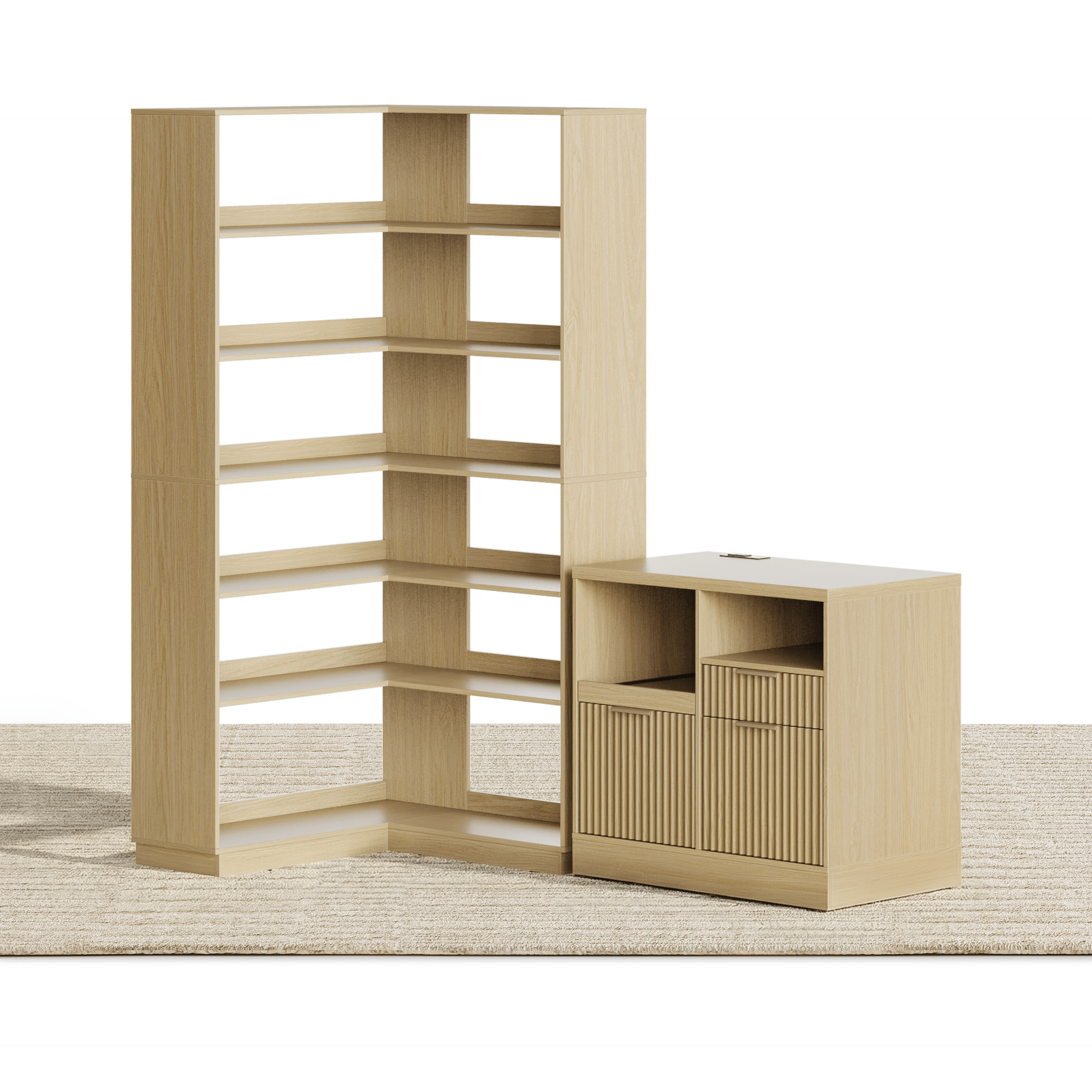 73'' Corner Bookshelt + Charging Cabinet/ Fluted - Natural Oak - 