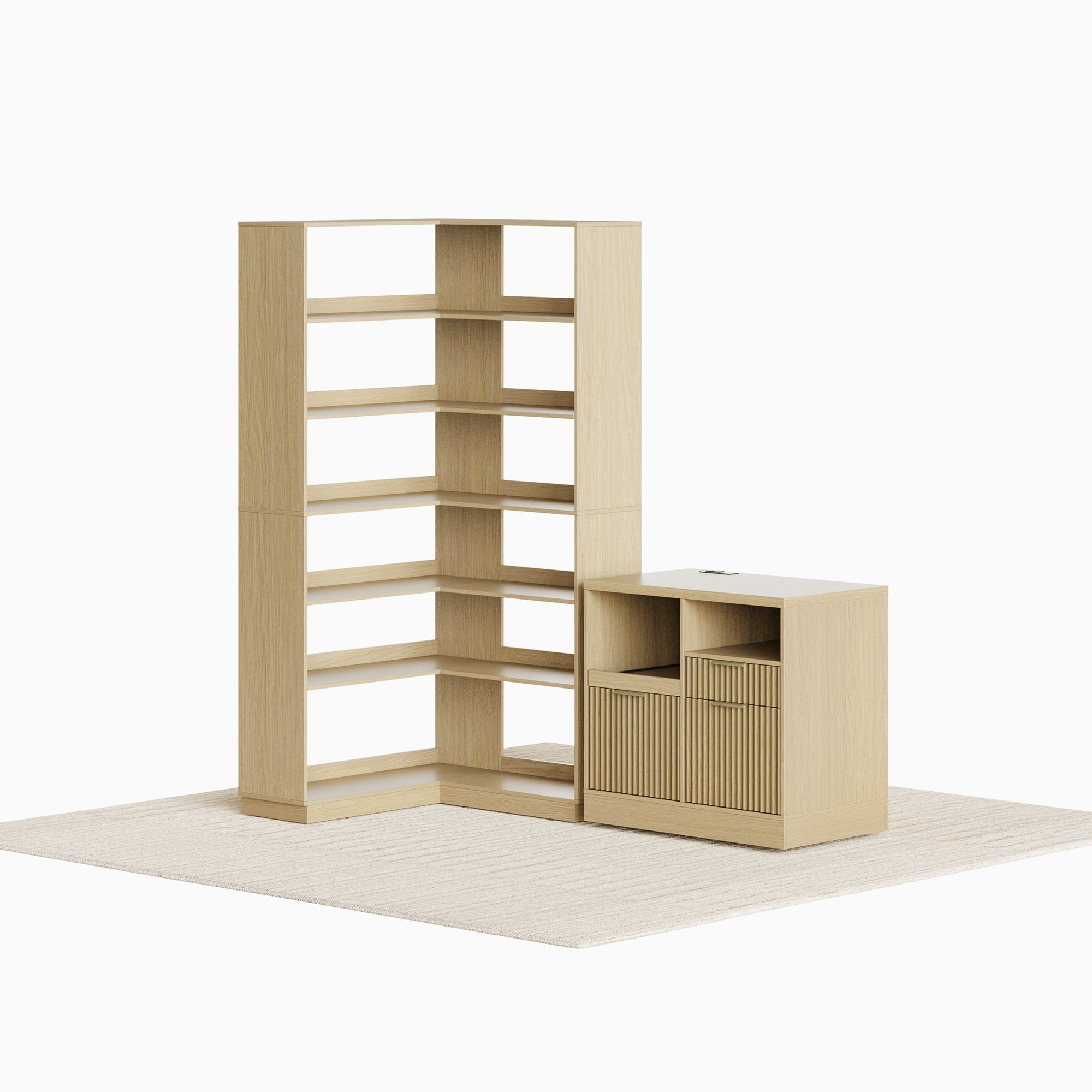 73'' Corner Bookshelt + Charging Cabinet/ Fluted - Natural Oak - 