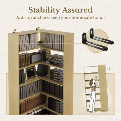 73'' Corner Bookshelt + Charging Cabinet/ Fluted - Natural Oak - 