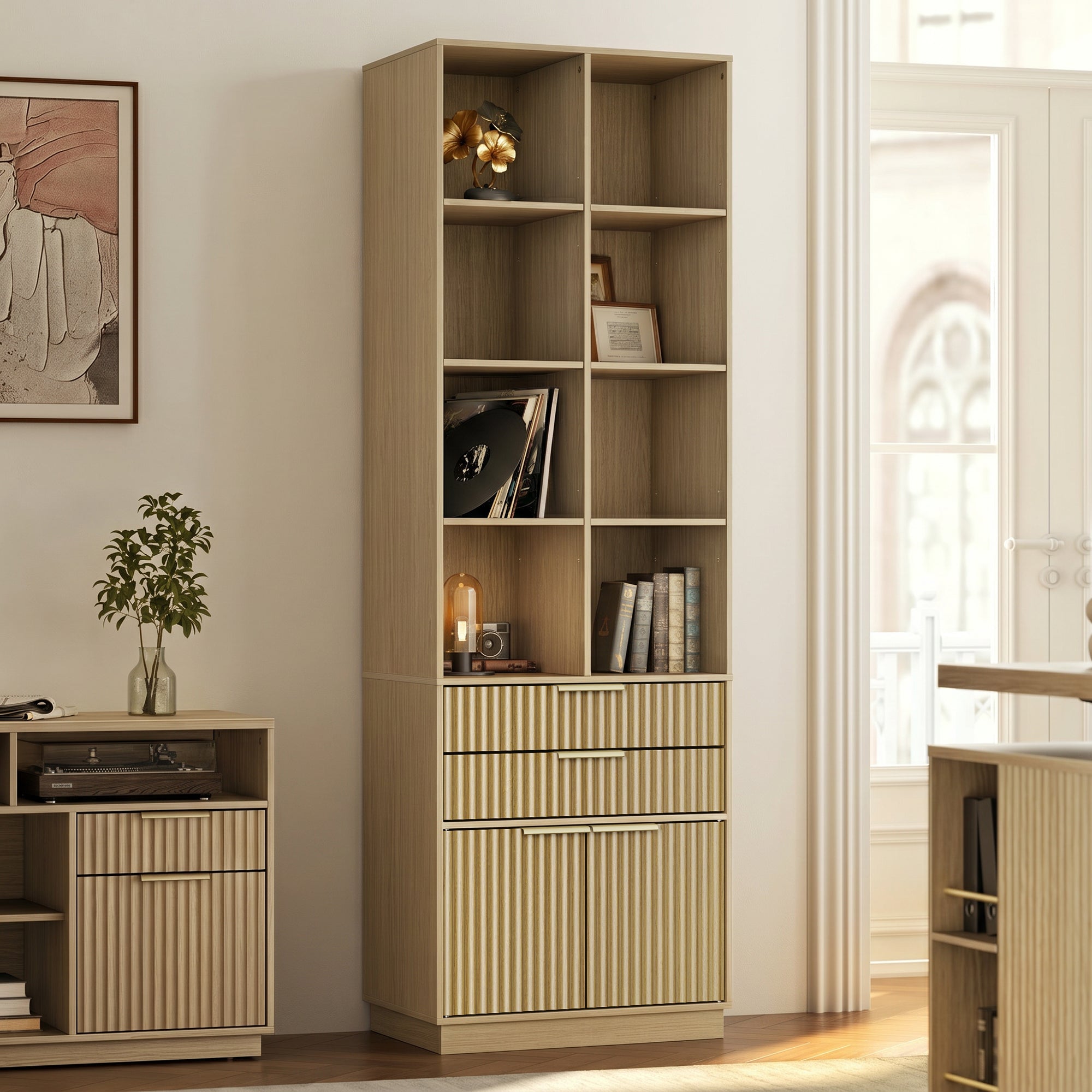 73" Premium Vapor Bookshelf - Fluted - Natural Oak