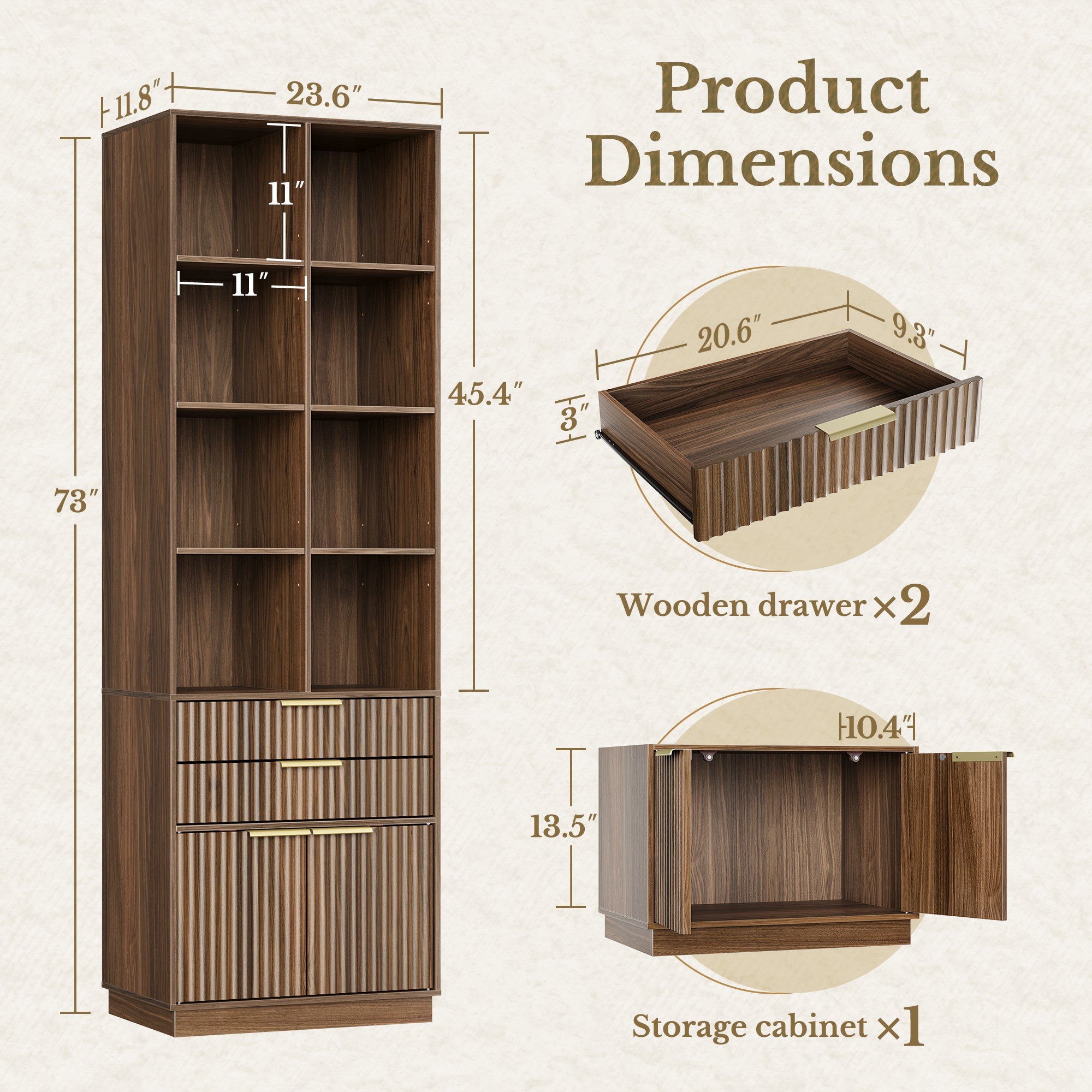 73" Tall Bookshelf + 2 - Drawer File Cabinet / Fluted - Dark Walnut - 