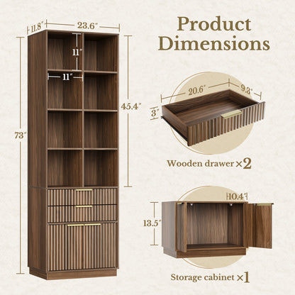 73" Tall Bookshelf + 2 - Drawer File Cabinet / Fluted - Dark Walnut - 