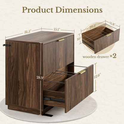 73" Tall Bookshelf + 2 - Drawer File Cabinet / Fluted - Dark Walnut - 