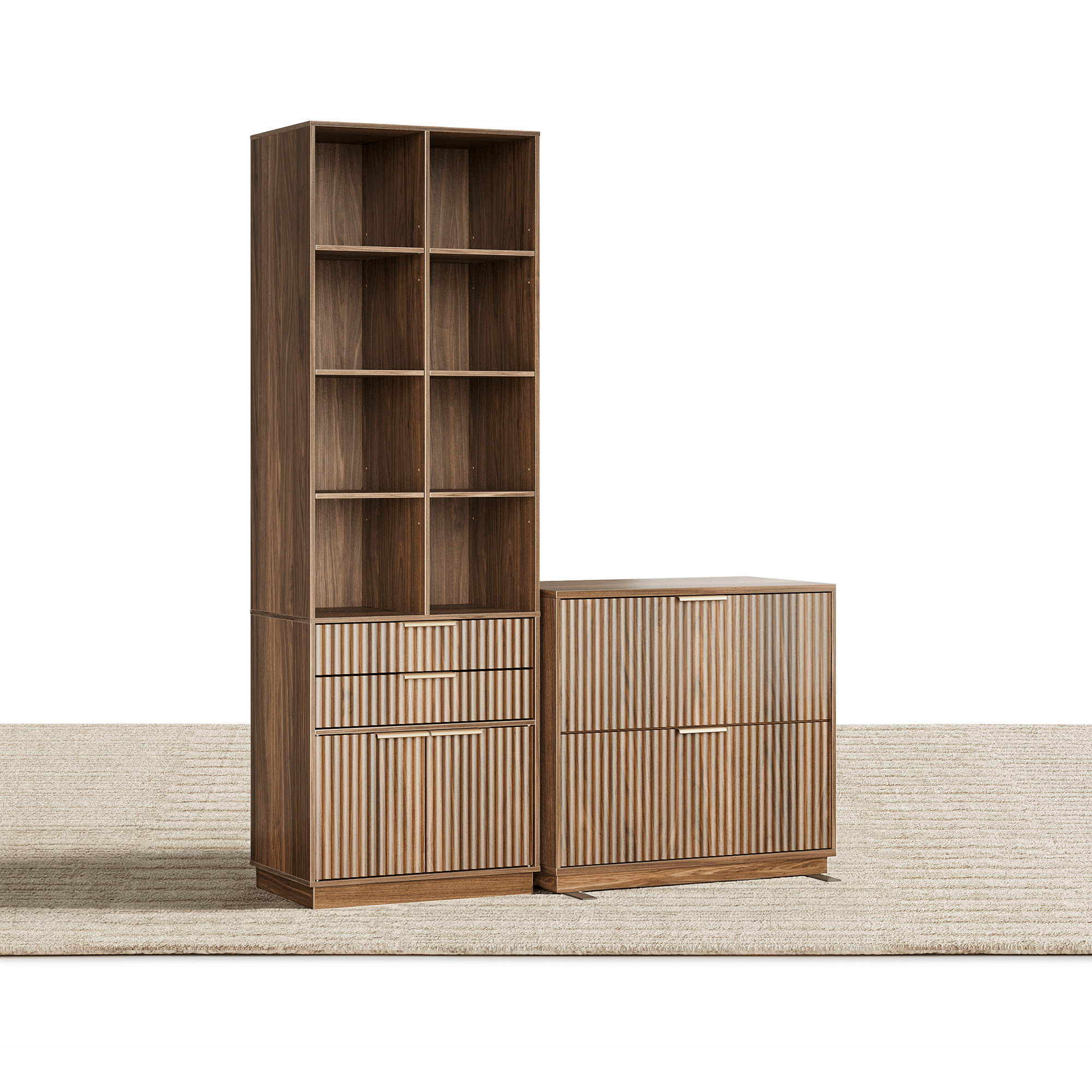 73" Tall Bookshelf + 2 - Drawer File Cabinet / Fluted - Dark Walnut - 