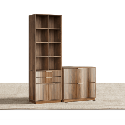 73" Tall Bookshelf + 2 - Drawer File Cabinet / Fluted - Dark Walnut - 