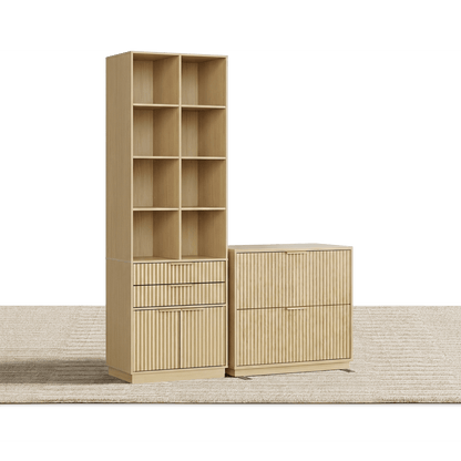 73" Tall Bookshelf + 2 - Drawer File Cabinet / Fluted - Natural Oak - 