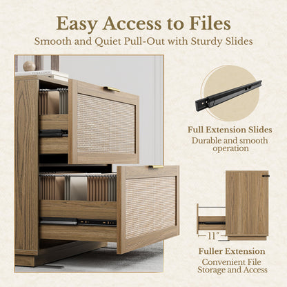 73" Tall Bookshelf + 2 - Drawer File Cabinet / Rattan - Light Walnut - 