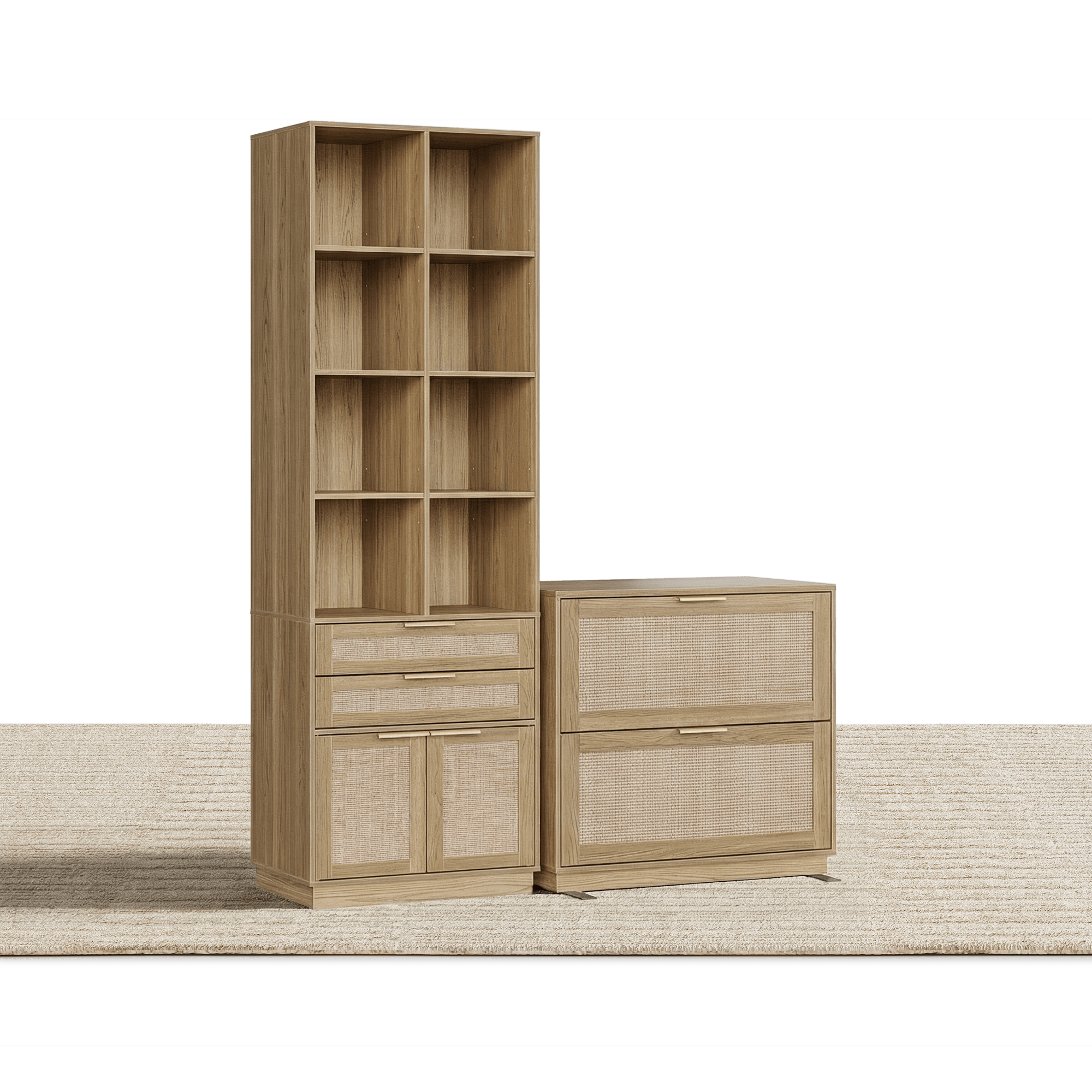 73" Tall Bookshelf + 2 - Drawer File Cabinet / Rattan - Light Walnut - 