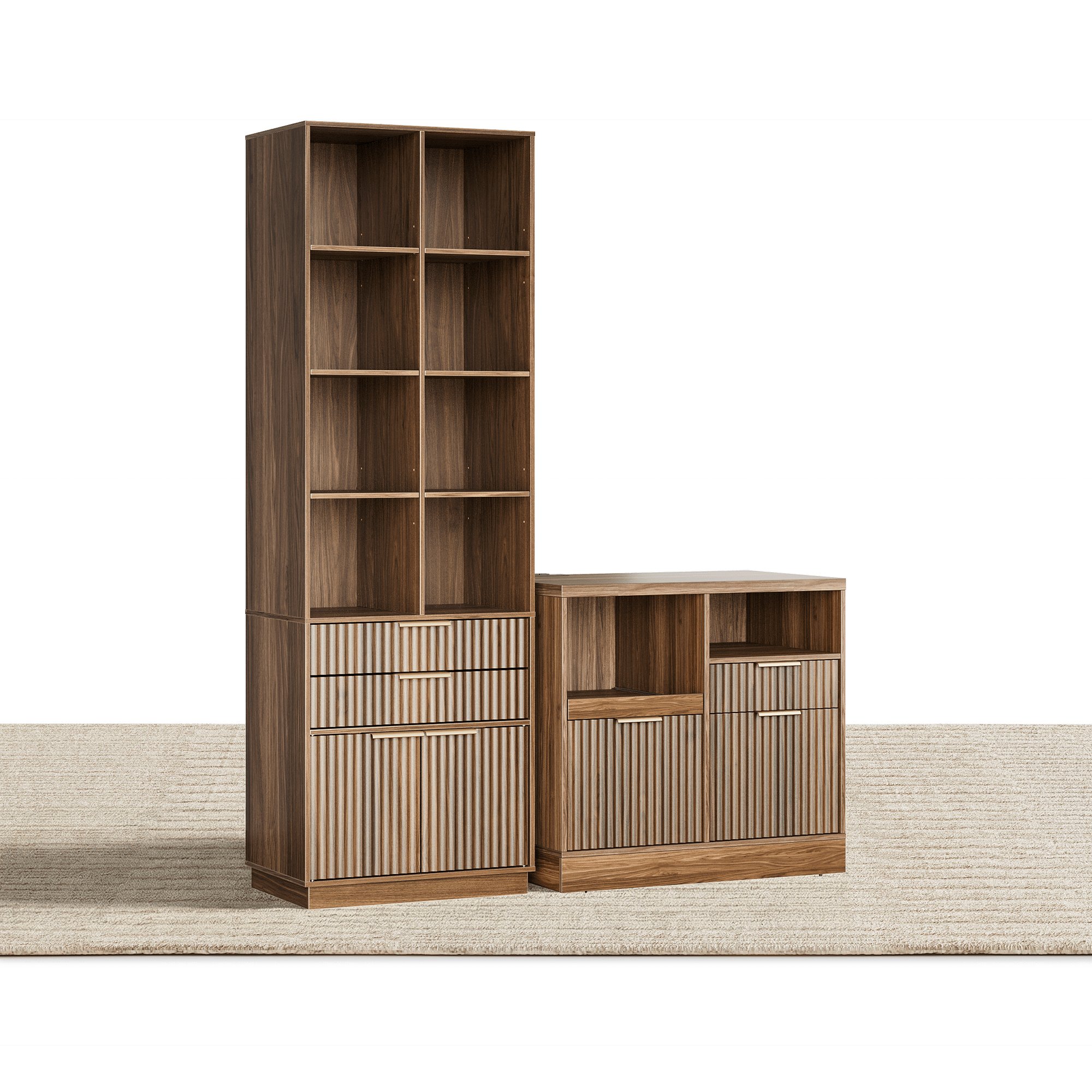 73" Tall Bookshelf + Charging Printer Cabinet / Fluted - Dark Walnut - 