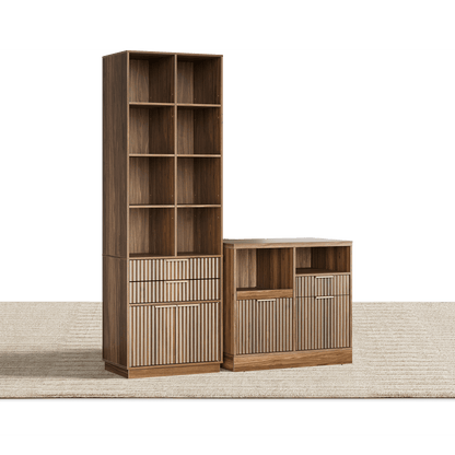 73" Tall Bookshelf + Charging Printer Cabinet / Fluted - Dark Walnut - 