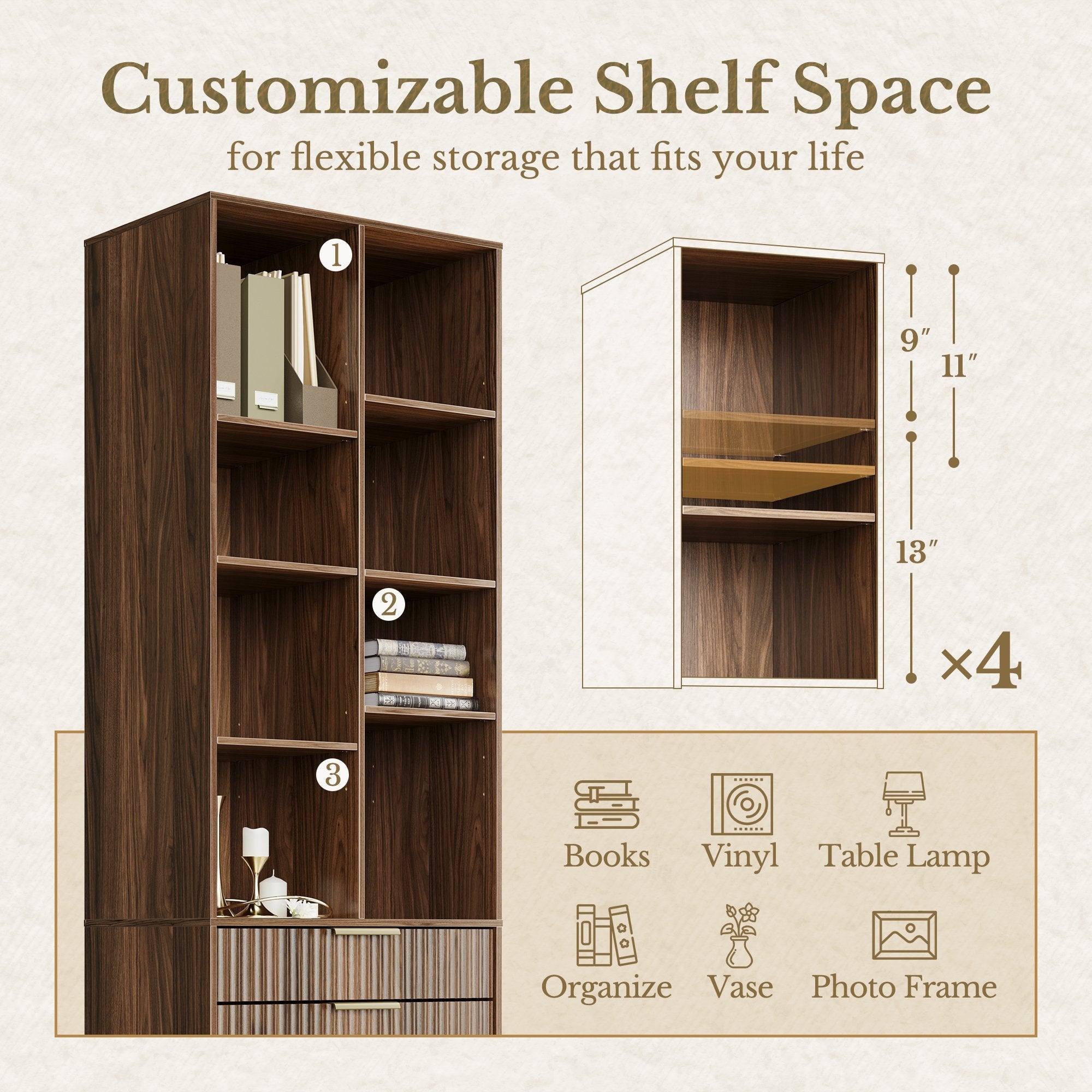 73" Tall Bookshelf + Charging Printer Cabinet / Fluted - Dark Walnut - 