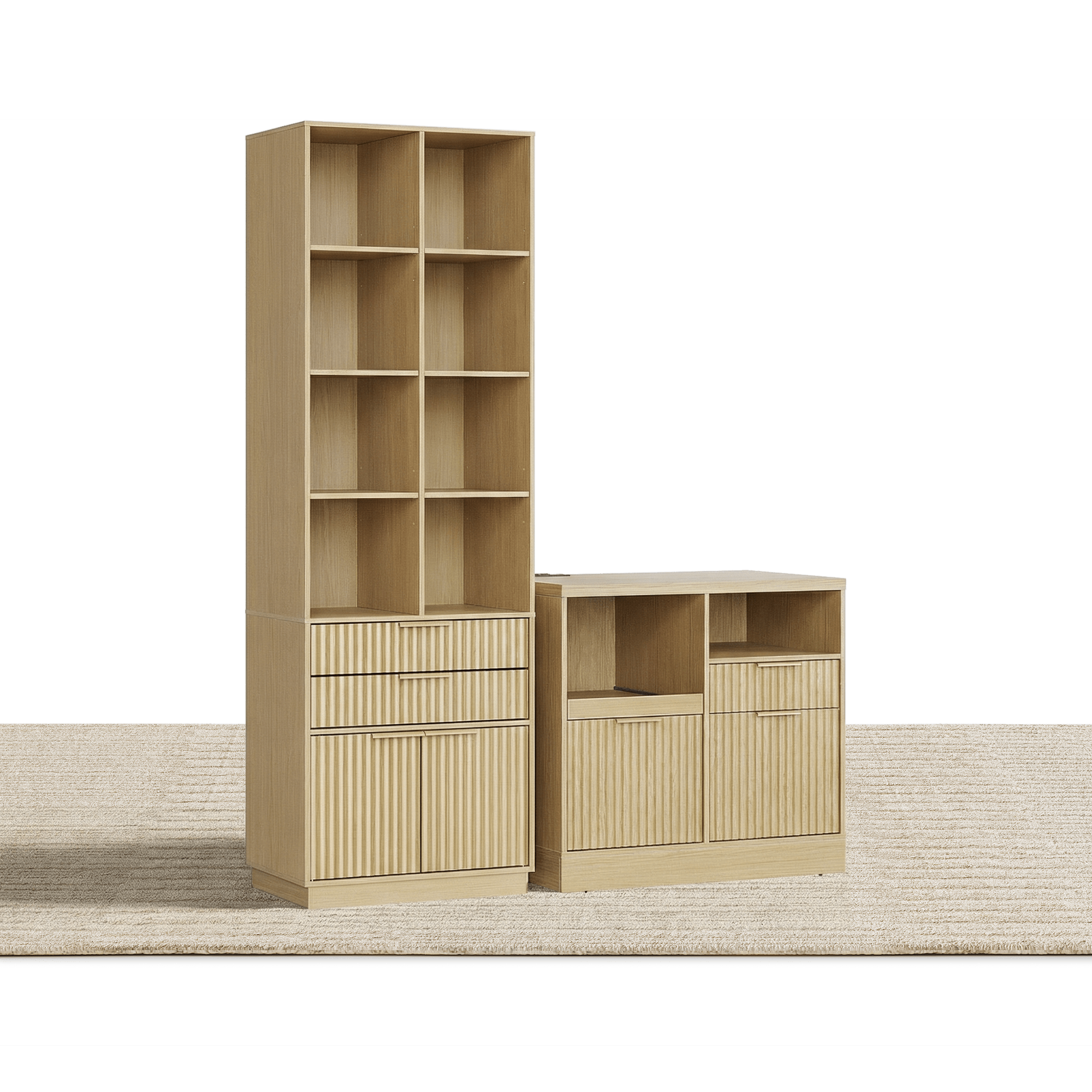 73" Tall Bookshelf + Charging Printer Cabinet / Fluted - Natural Oak - 