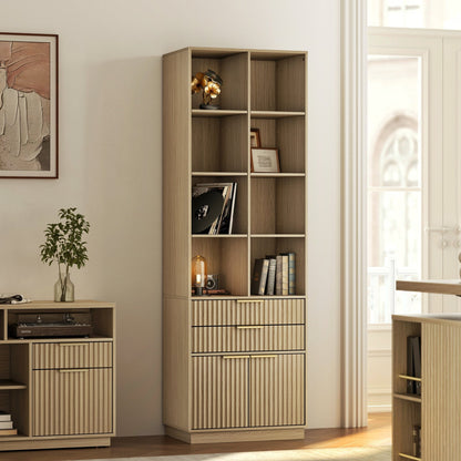 73" Tall Fluted Bookshelf with Drawers & Doors - Fluted - Natural Oak