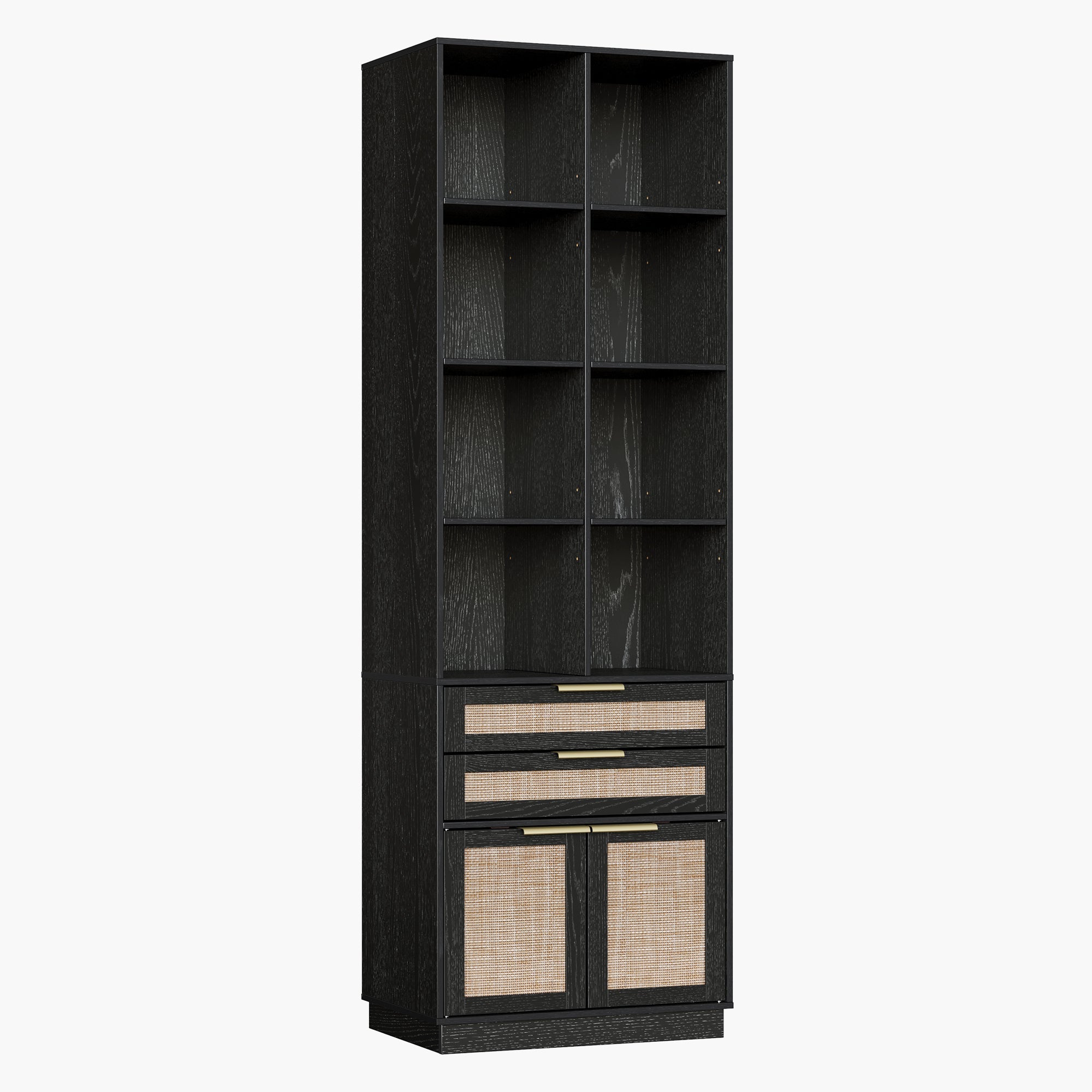 73" Tall Fluted Bookshelf with Drawers & Doors - Rattan - Black