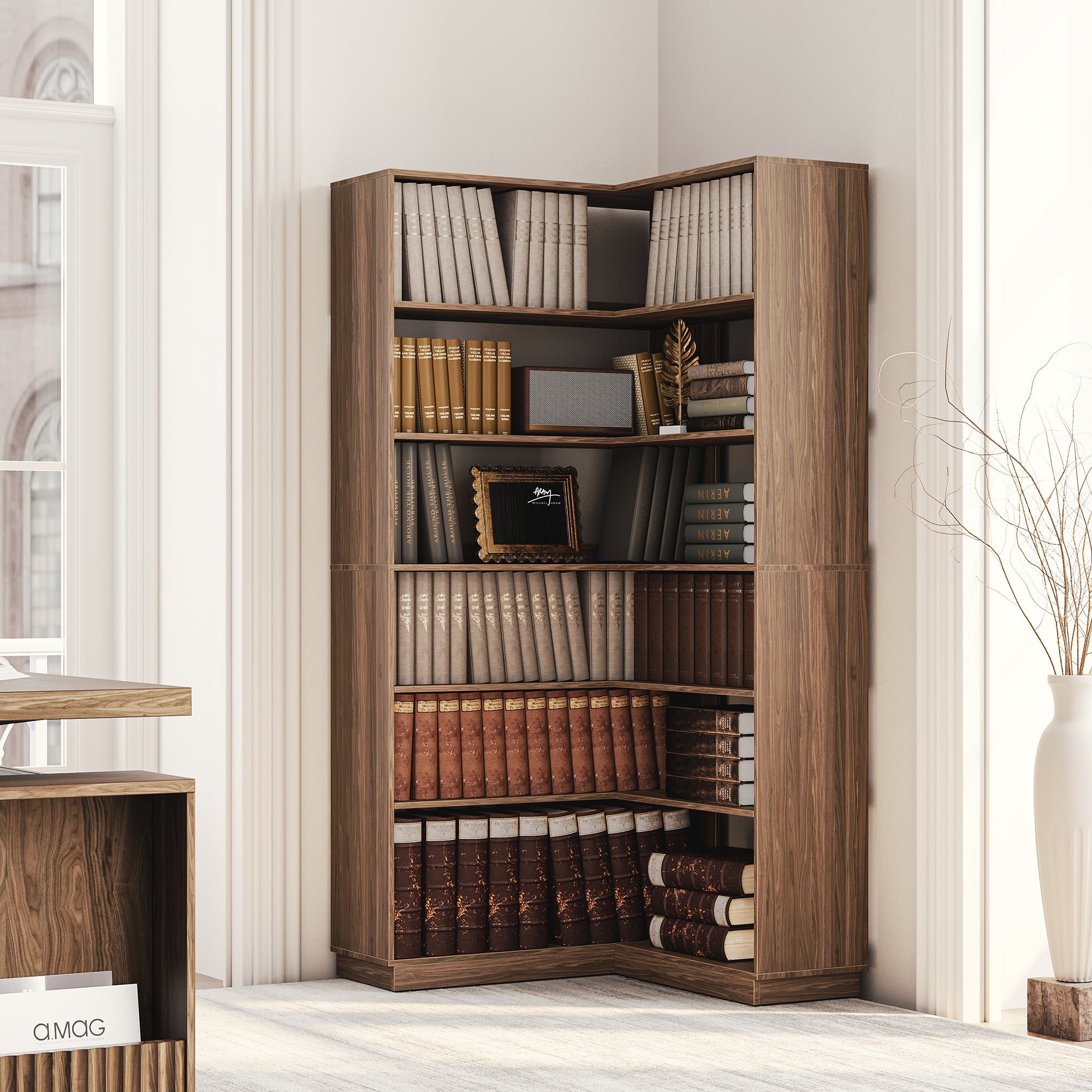 73" 6-Tier Adjustable Corner Bookshelf